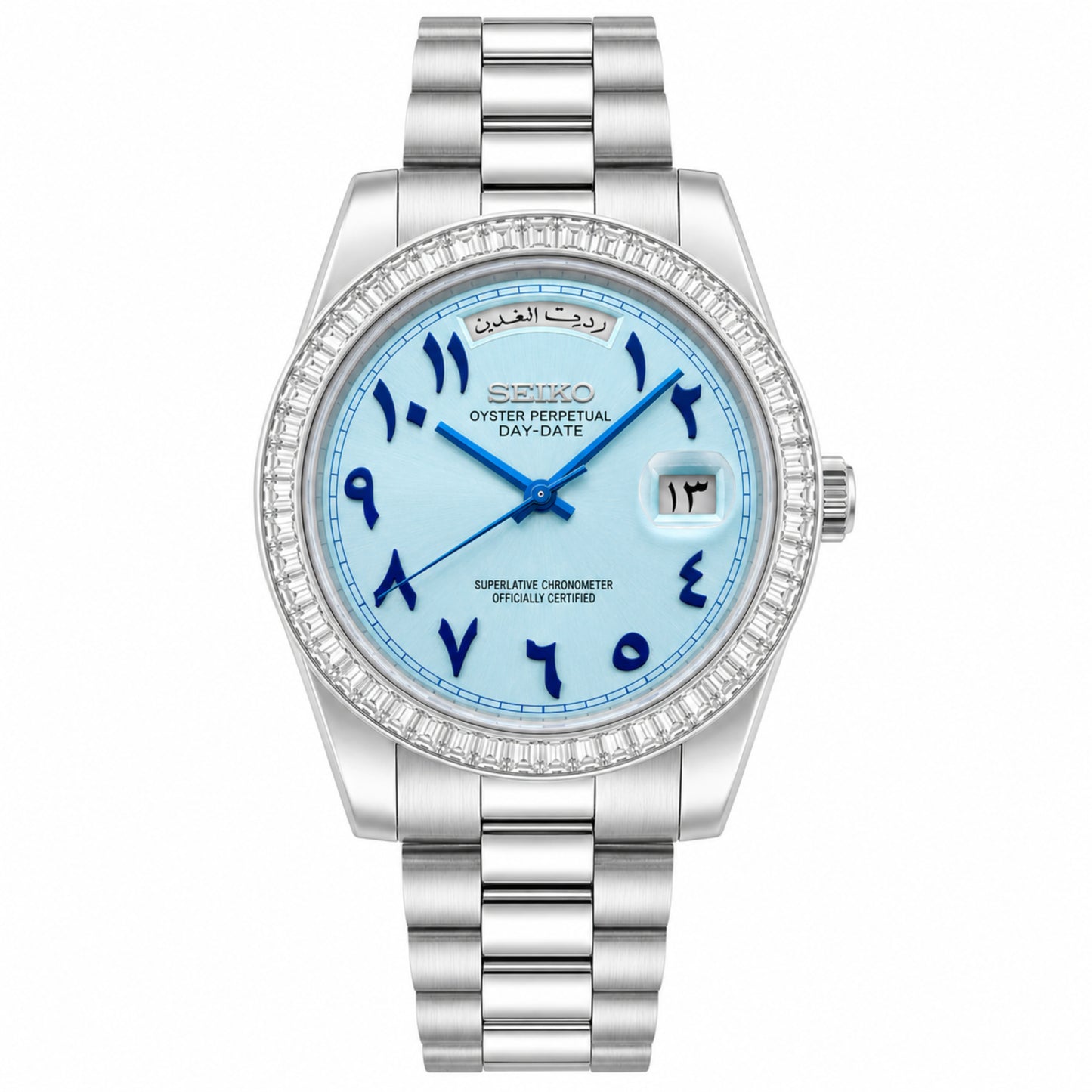 SEIKOJUST DAY-DATE ICE BLUE ARABIC (BAGUETTE BEZEL)