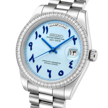 SEIKOJUST DAY-DATE ICE BLUE ARABIC (BAGUETTE BEZEL)