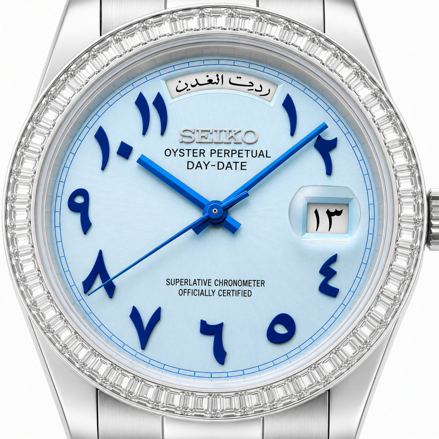 SEIKOJUST DAY-DATE ICE BLUE ARABIC (BAGUETTE BEZEL)